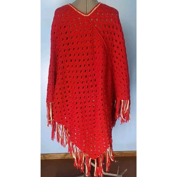Vintage Hand Knit Crochet Granny Boho Fringe Hippie Poncho Cape 70's 80's - Picture 3 of 6